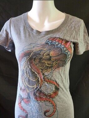 Women's Gray Graphic Octopus-Print Tee